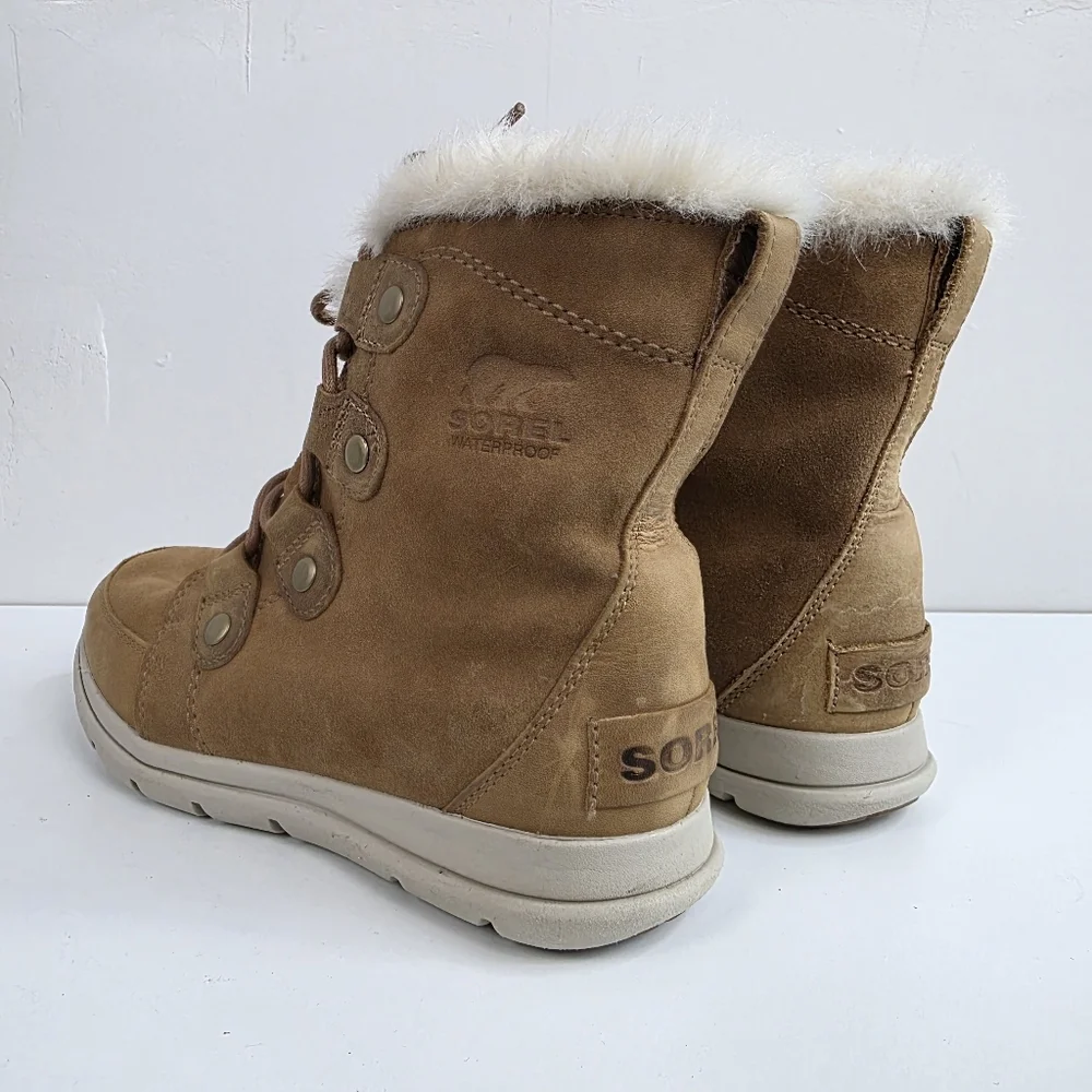 Sorel Explorer Joan Women's Brown Winter Boots with White Fur, Size 6.5